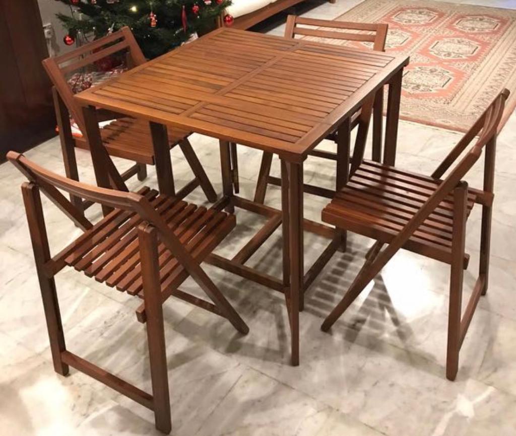 Scan Teak Foldable Dining Table Set c/w 4 Foldable Chairs, Furniture
