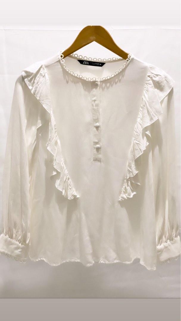 Zara white ruffle blouse, Fesyen Wanita, Pakaian Wanita, Atasan di Carousell