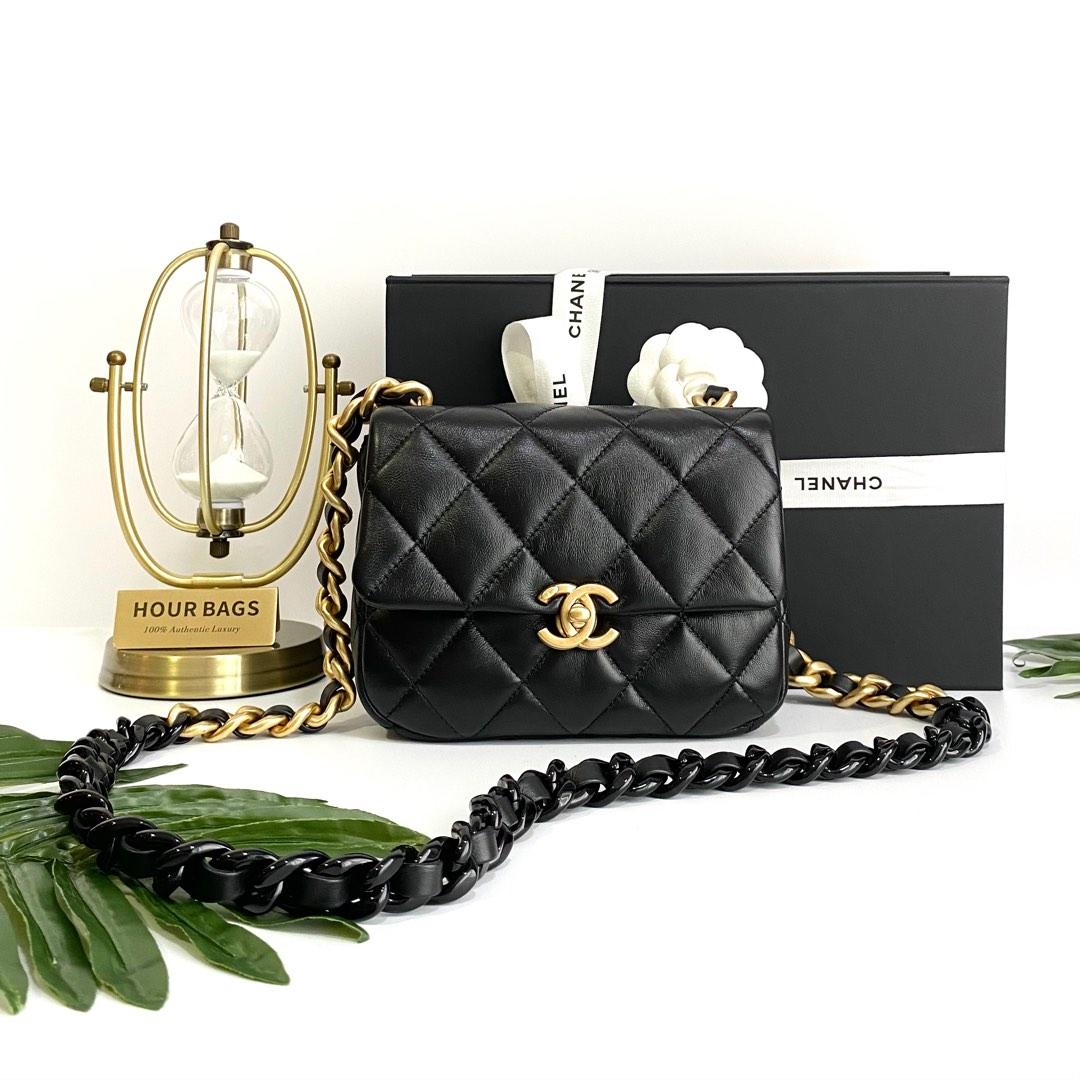 ?% Authentic Chanel Black Lambkin Mini Square Black Lacquered Chain - Gold  Hardware, Luxury, Bags & Wallets on Carousell