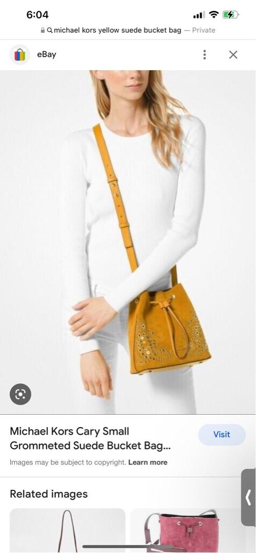 Authentic Cheapest Brand New Michael Kors carry small grommeted suede bucket bag in mustard comes with removable pouch pictured