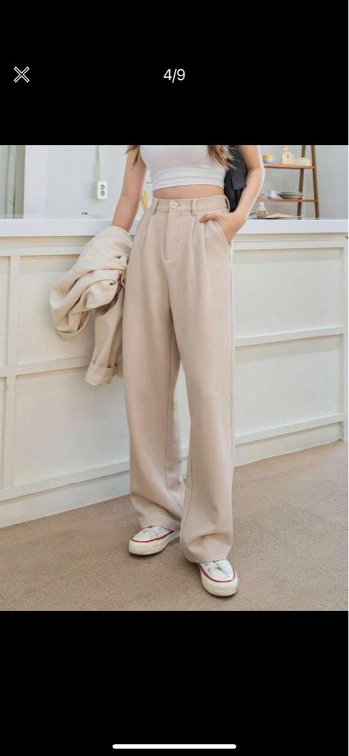 Beige Long Plicated Wide Leg Pants, Women's Fashion, Bottoms, Other Bottoms  on Carousell