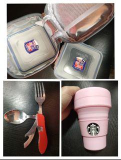 Bundle Super Sale: Lock & Lock Lunch Boxes with Thermal Bag, Starbucks x Stojo Collapsible Cup, and foldable spoon, fork and mini knife as freebie