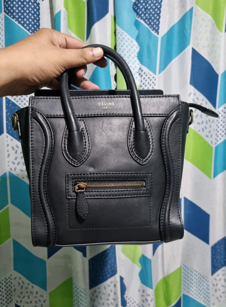 CELINE nano luggage (Category: Luxury Bags & Wallets) located in Lucena. Submitted by farncdms (Listing ID 1194124617, Image 1). Description: CELINE Luggage NANO in Black SMOOTH CALF SKIN Condition: 9/10 Excellent condition Size: height 8" x width 8" x base 4" Mode of Payment: BDO/Gcash Issue: missing strap signs of ussage Authenticity not guarantee Only php 9,500 + sf 5,500+sf.
