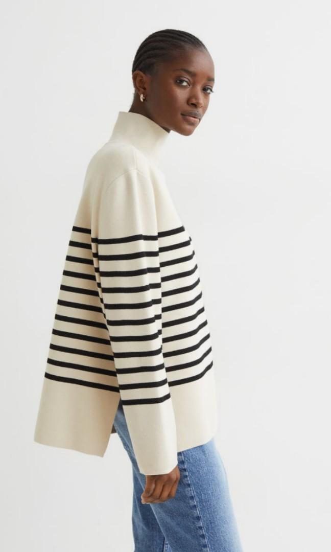 H M High Collar Jumper Light Beige Stripe Women s Fashion