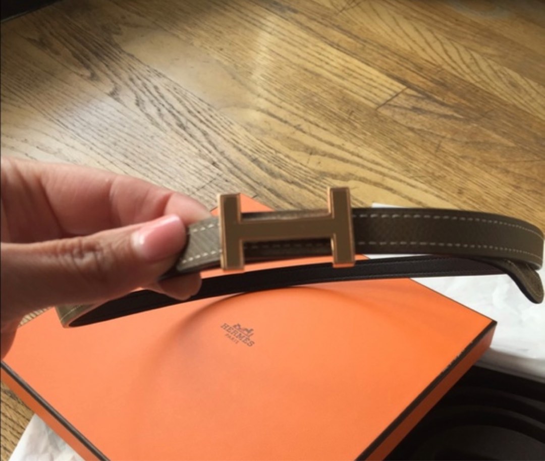 Hermes Focus Belt buckle & Reversible leather strap 13 mm Etoupe Lime  90