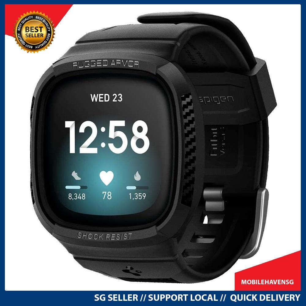 Spigen Rugged Armor Pro Hoesje Met Band – Compatibel Met Fitbit Versa 4 & Sense 2 – Zwart – Flexibele TPU Met Verhoogde Randen – Allround Bescherming