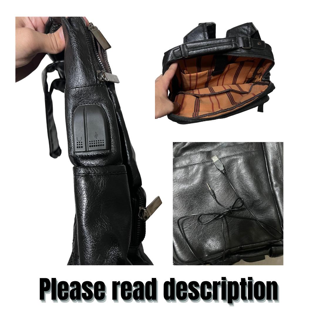 Korean Black Leather Backpack with USB and Earphone port, Men's Fashion