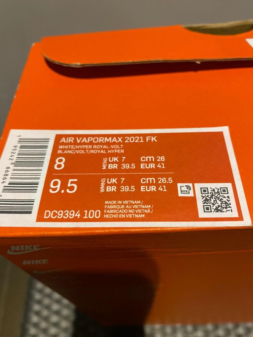 Nike Vapormax 2021 White Royal Volt US8, Men's Fashion, Footwear