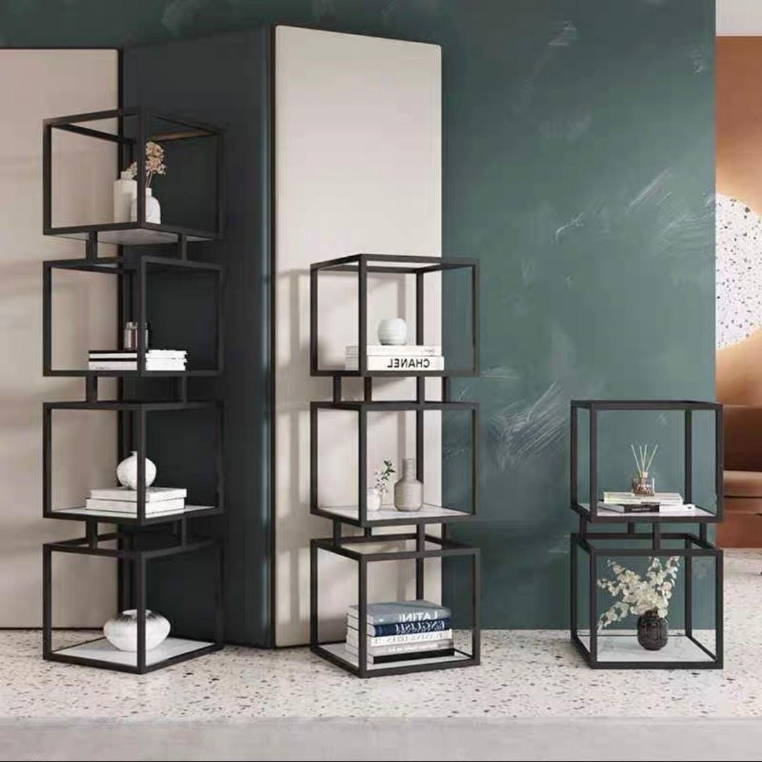 Nordic storage display shelf open rack black iron ceramic marble