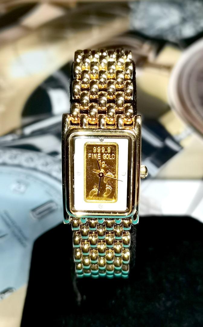Rare vintage ladies FOOTPRINTS IN THE SAND 1g of 24K fine gold ingot evening quartz watch, Women