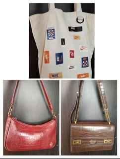Super Sale Bundle: Authentic Brown Guess Flap bag with embossed croc design, Red Swiss Polo baguette ( with another extra long sling), and authentic Nike 100% cotton tote bag as freebie