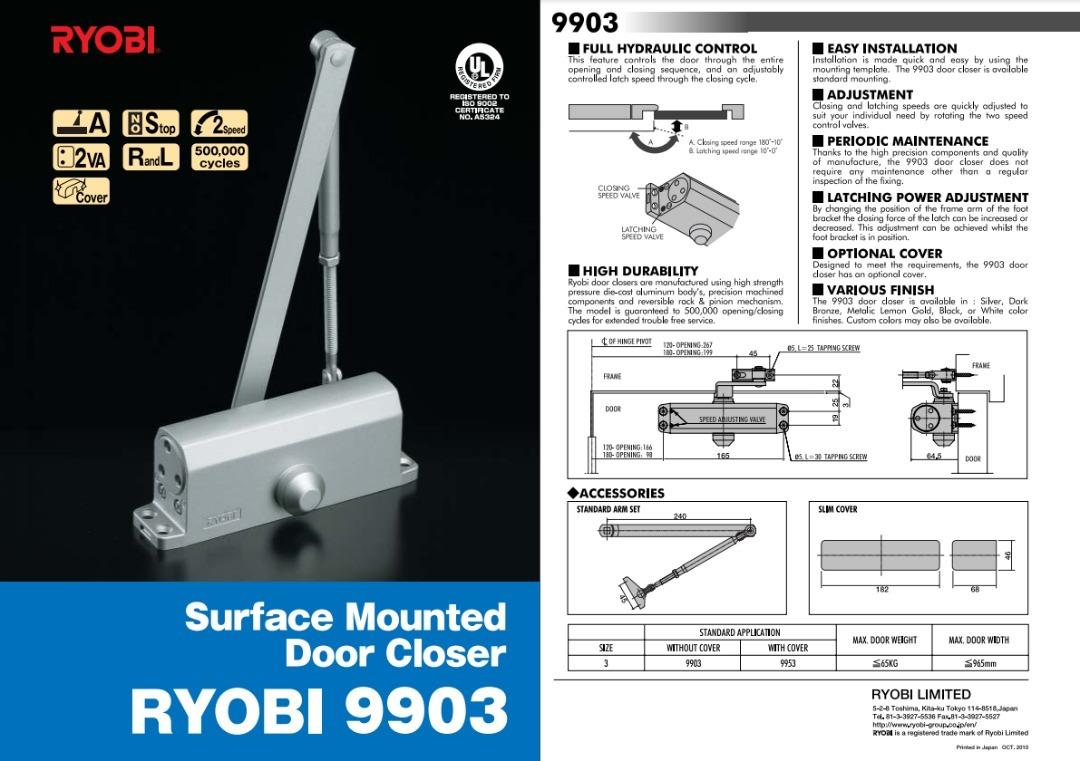 Surface Mounted Door Closer RYOBI 9903, Furniture & Home Living, Security & Locks, Locks, Doors