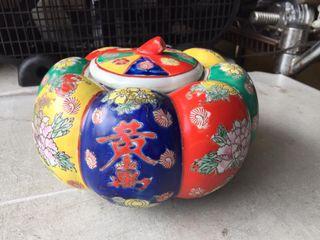 Vintage Chinese Porcelain Pumpkin  Feng Shui Wealth Vase Tureen