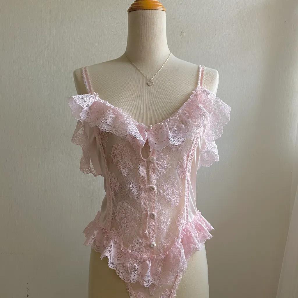 Vintage Pink Lace Bodysuit, Women's Fashion, Tops, Other Tops on