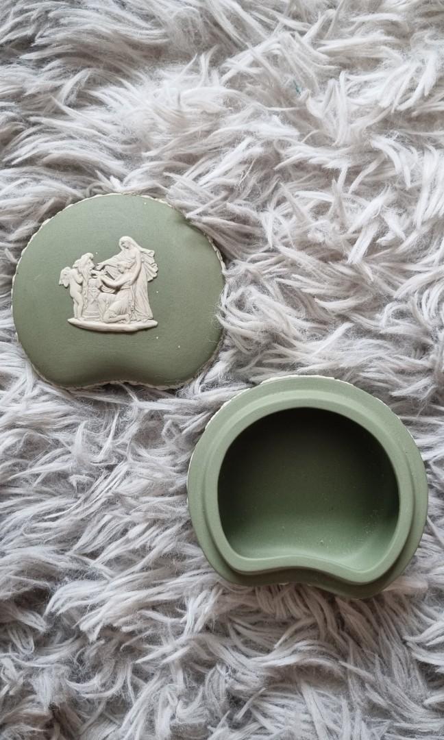 Vintage Wedgwood Sage Green Jasperware Bean Shaped Trinket Box