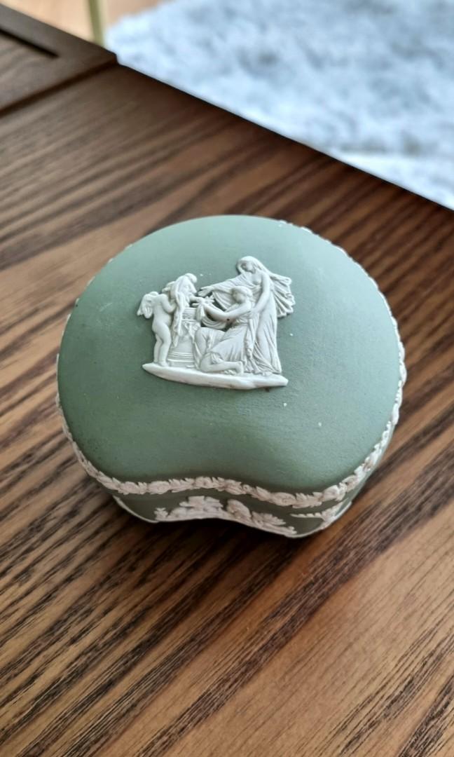 Vintage Wedgwood Sage Green Jasperware Bean Shaped Trinket Box