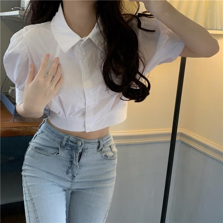 White Korean Puff Sleeve Crop Top, Women's Fashion, Tops, Blouses on