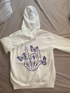 White, with purple skull hand and butterflies Hoodie