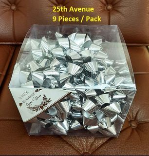 25th Avenue 9 Pieces Silver Gift Bows w/ Sticker, 6 pieces Red Curling Ribbon 5mm x 10meters, Birthday Wedding Party Present Foil Ribbon Decor