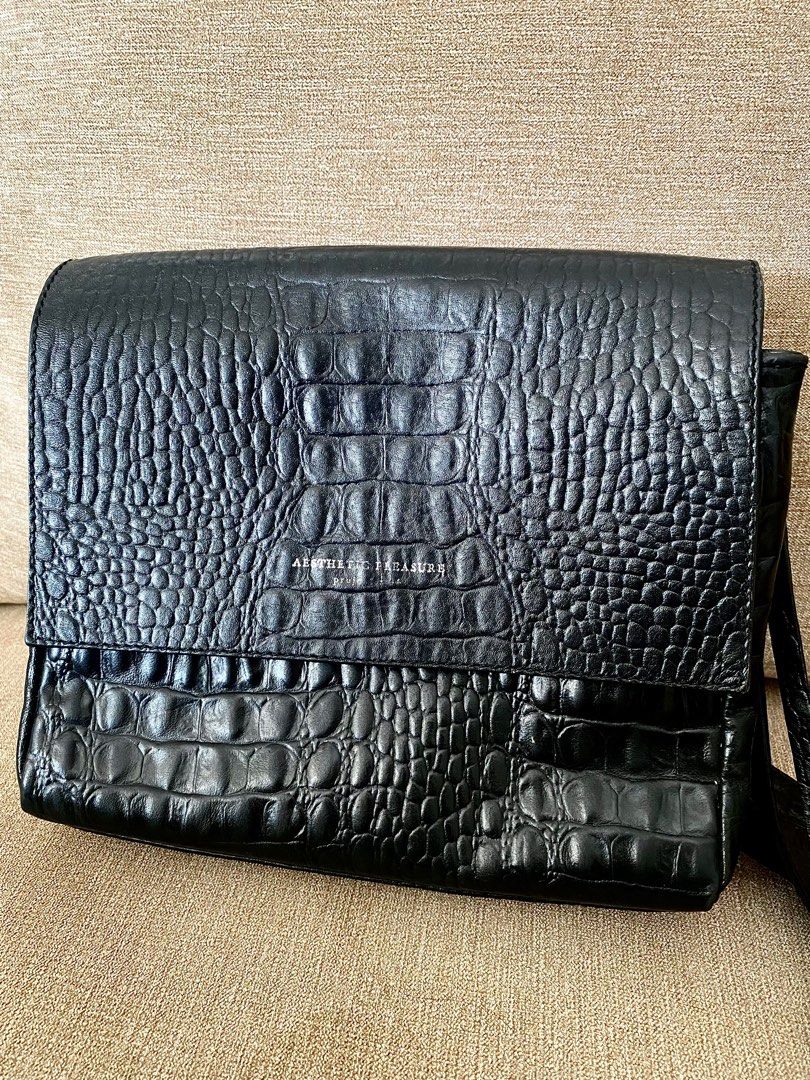 Aesthetic Pleasure Black Mini Croc Leather Bag, Fesyen Wanita, Tas
