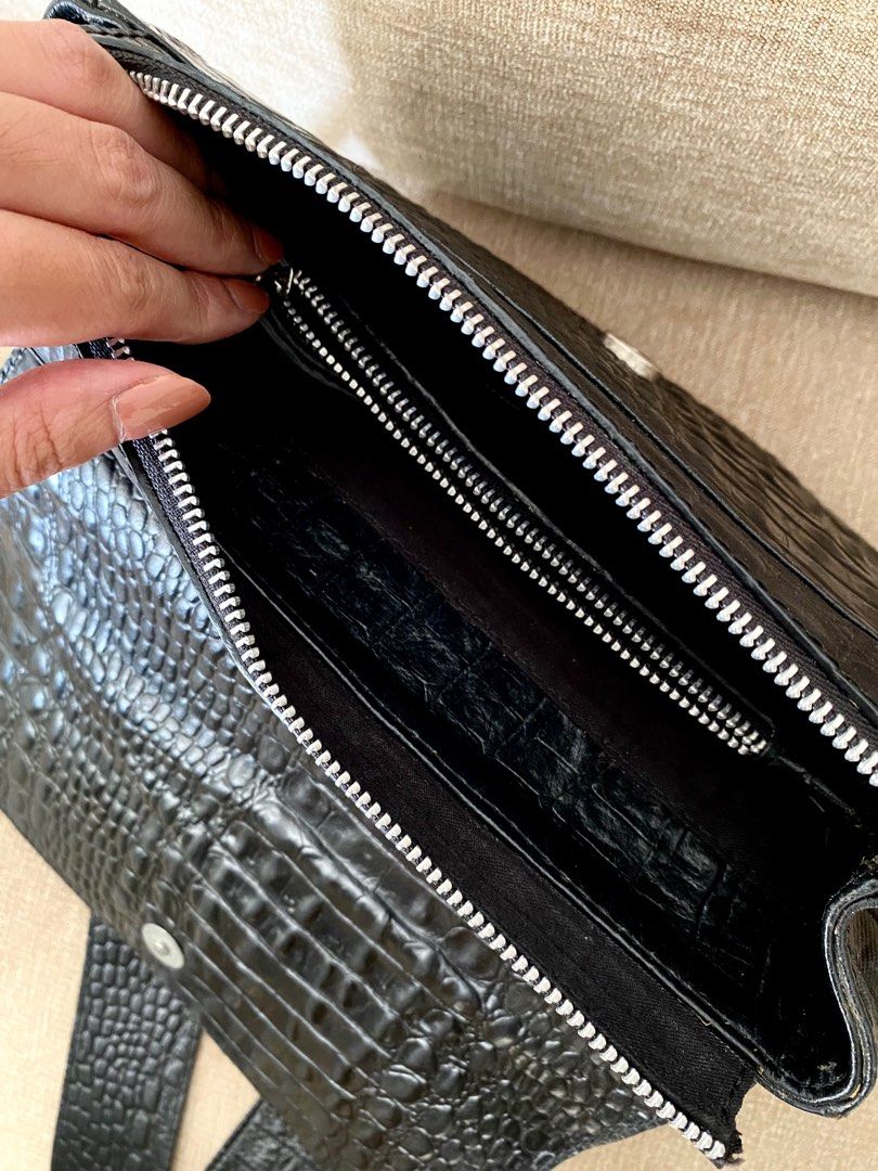 Aesthetic Pleasure Black Mini Croc Leather Bag, Fesyen Wanita, Tas