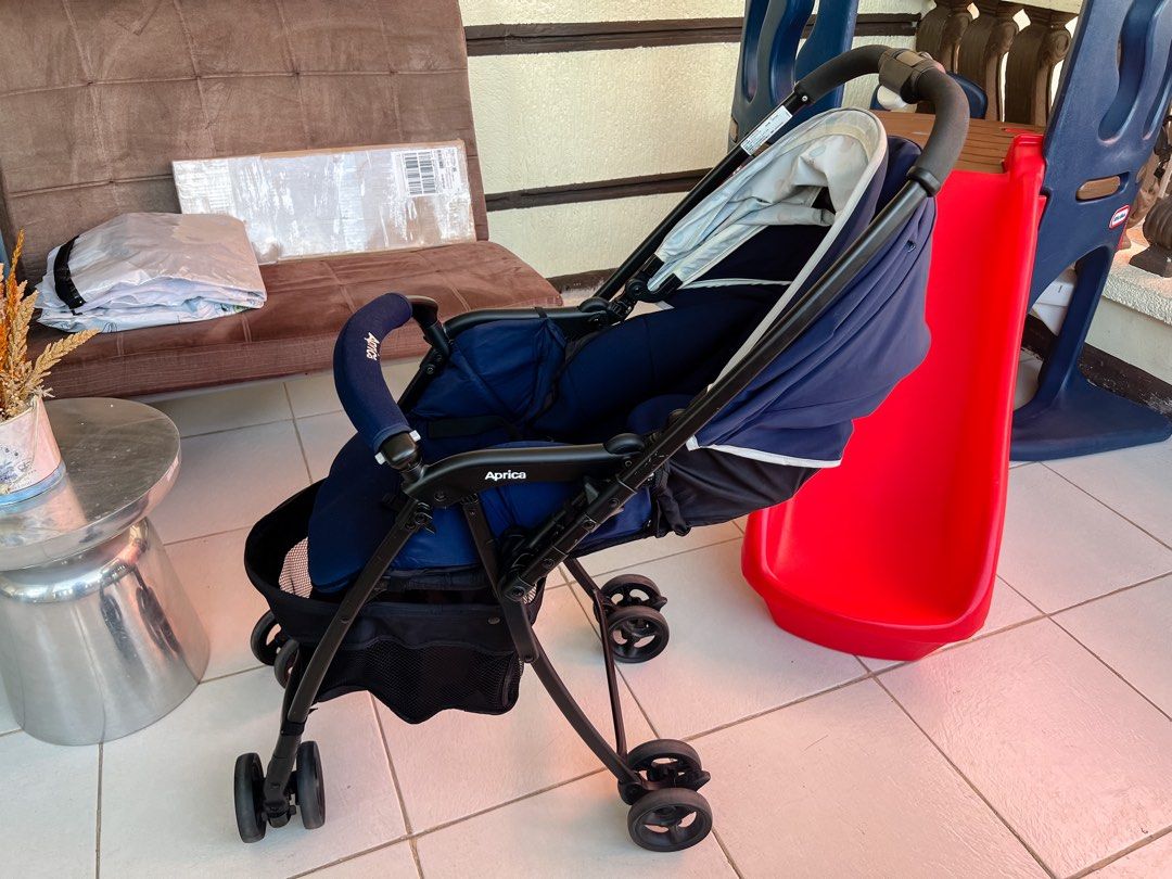 Aprica Karoon Air Navy (Category: Strollers) located in Manila. Submitted by goldinmygarage (Listing ID 1195880274, Image 1). Description: Forsale: Aprica Karoon Air Navy Blue - 12,000 Bought 2021 for 26k brandnew at baby company Rarely used since this is used as extra stroller. Good as new Very Light weight One hand fold Quickly switch handle - very useful feature! Can be fully reclined for newborn.
