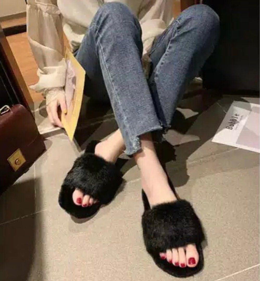 black furry slides sandals