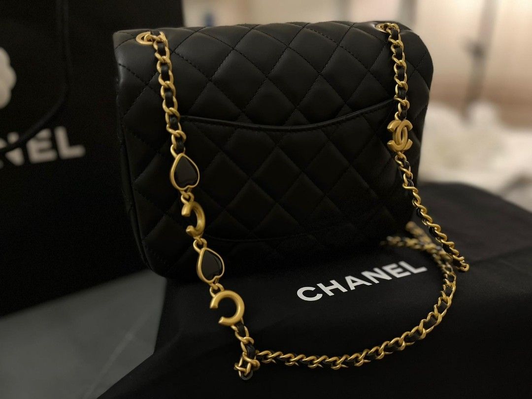 Chanel Mini Square Flap Bag Black Lambskin Light Gold Hardware in