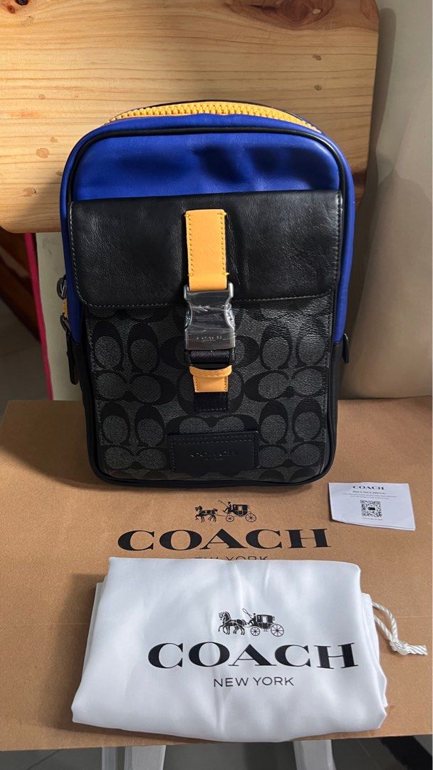 Coach Track Pack Colorblock (Category: Luxury Bags & Wallets) located in Manila. Submitted by marz.shopping (Listing ID 1195979560, Image 2). Description: Signature coated canvas and smooth calf leather Inside zip pocket Zip closure, fabric lining Outside pocket with speedclip closure Adjustable shoulder strap for crossbody wear 7 1/4” (L) x 10 3/4” (H) x 2 1/4” (W).