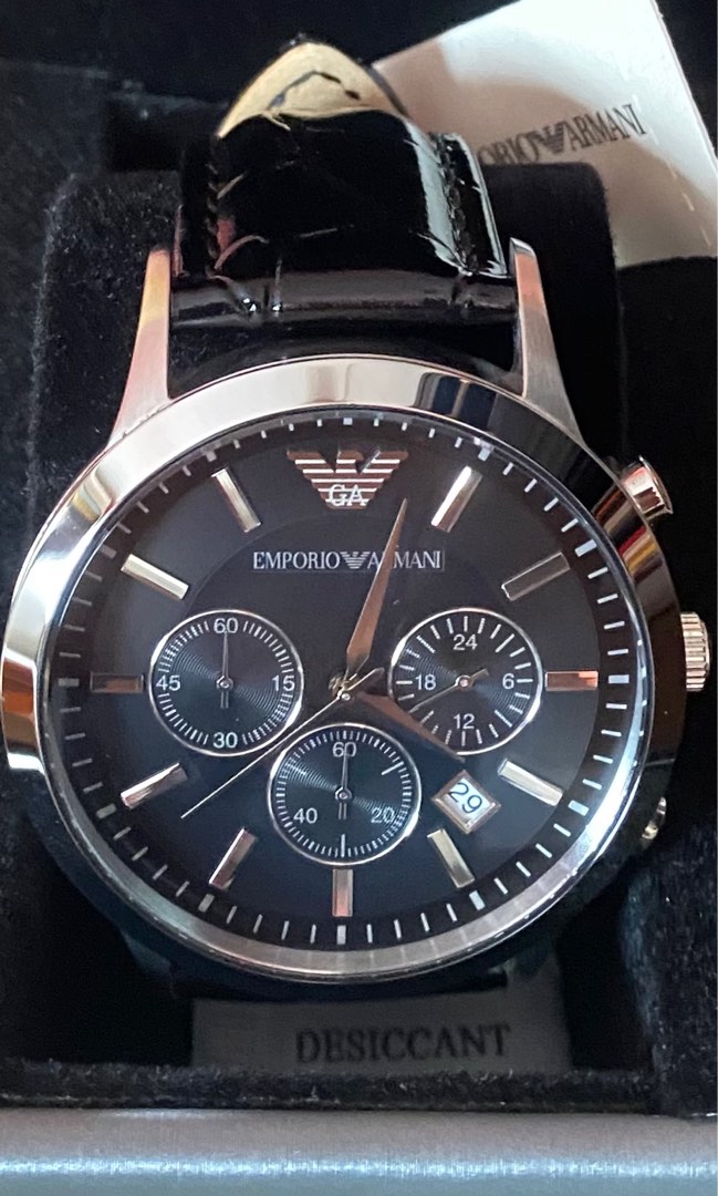 Emporio Armani AR2447 Black and Silver Black Leather Strap Men's Watch ...