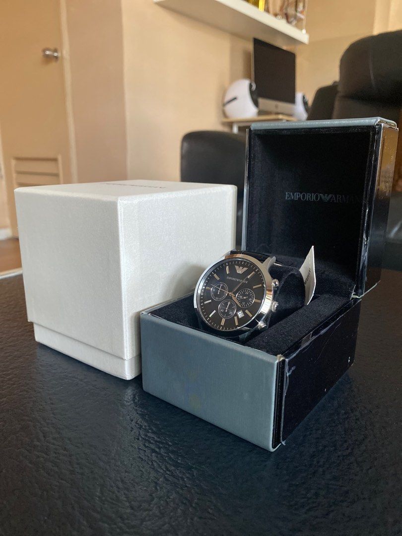 Emporio Armani AR2447 Black and Silver Black Leather Strap Men's Watch,  Men's Fashion, Watches & Accessories, Watches on Carousell