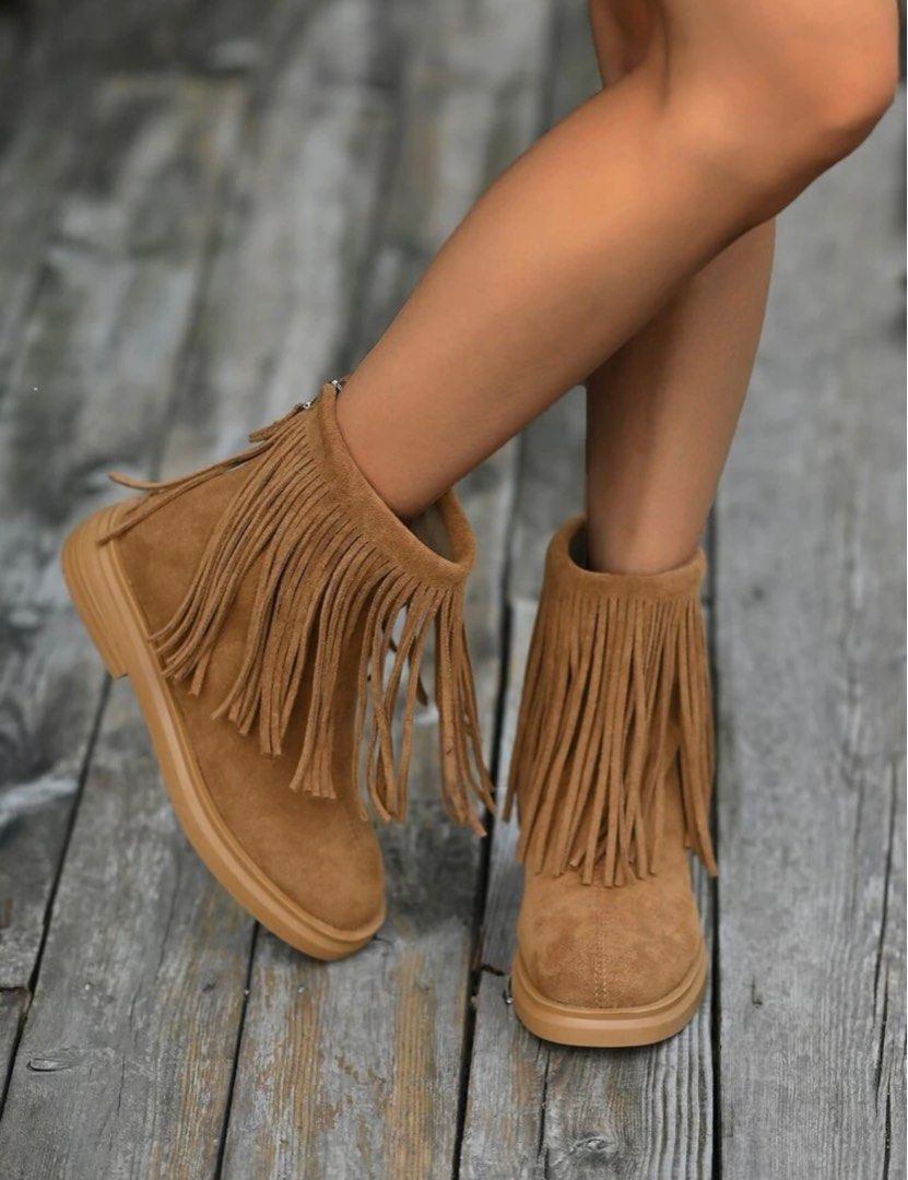 Faux Suede Fringe Trim Combat Boots