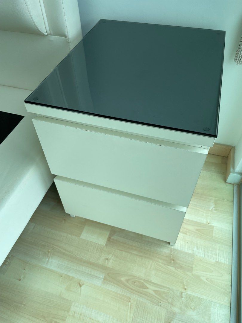 Ikea Bedside Table with Glass Top, Furniture & Home Living, Furniture, Tables & Sets on Carousell