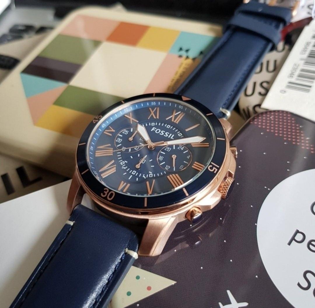 Lowest Price Fossil Chronograph Men s Rose Gold Blue Dial Leather Watch Birthday gift birthday fossil BRAND NEW IN BOX
