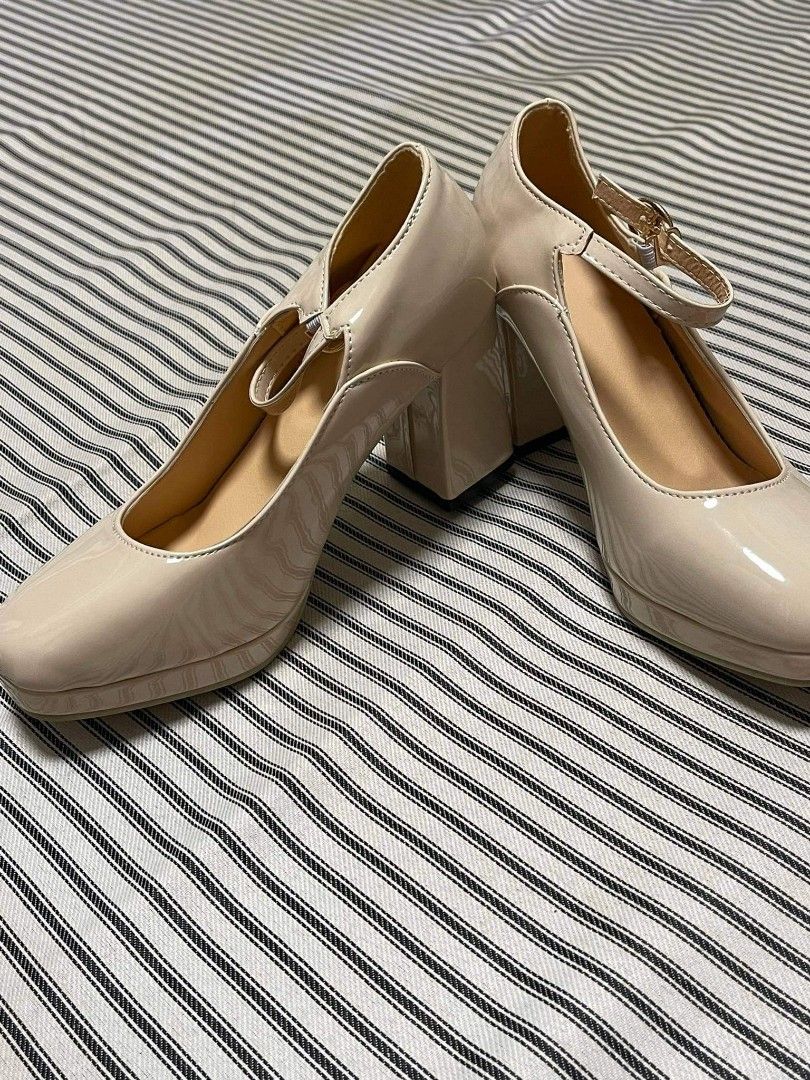 MARY JANE HEELS GLOSSY BEIGE HIGH HEELS, Women's Fashion, Footwear ...