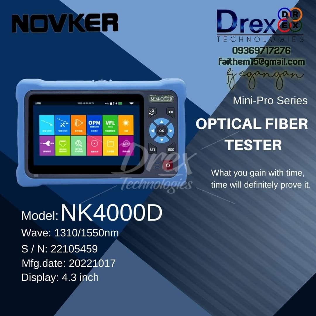 OTDR | Optical Fiber Tester Mini-Pro Series (Category: Networking) located in Pasig City. Submitted by fjEgangan (Listing ID 1195981187, Image 1). Description: OTDR | Optical Fiber Tester Mini-Pro Series Brand: Novker Model: NK4000D 💯 Brand new and original 💯 Sealed 💯 7days replacement if defective 💯 1year warranty 💯 Open for bulk orders to avail more discounts! Mode of Payment: 🛵 Cash on delivery 🛵 GCash 🛵 Bank Transfer 📩 Pm for more de