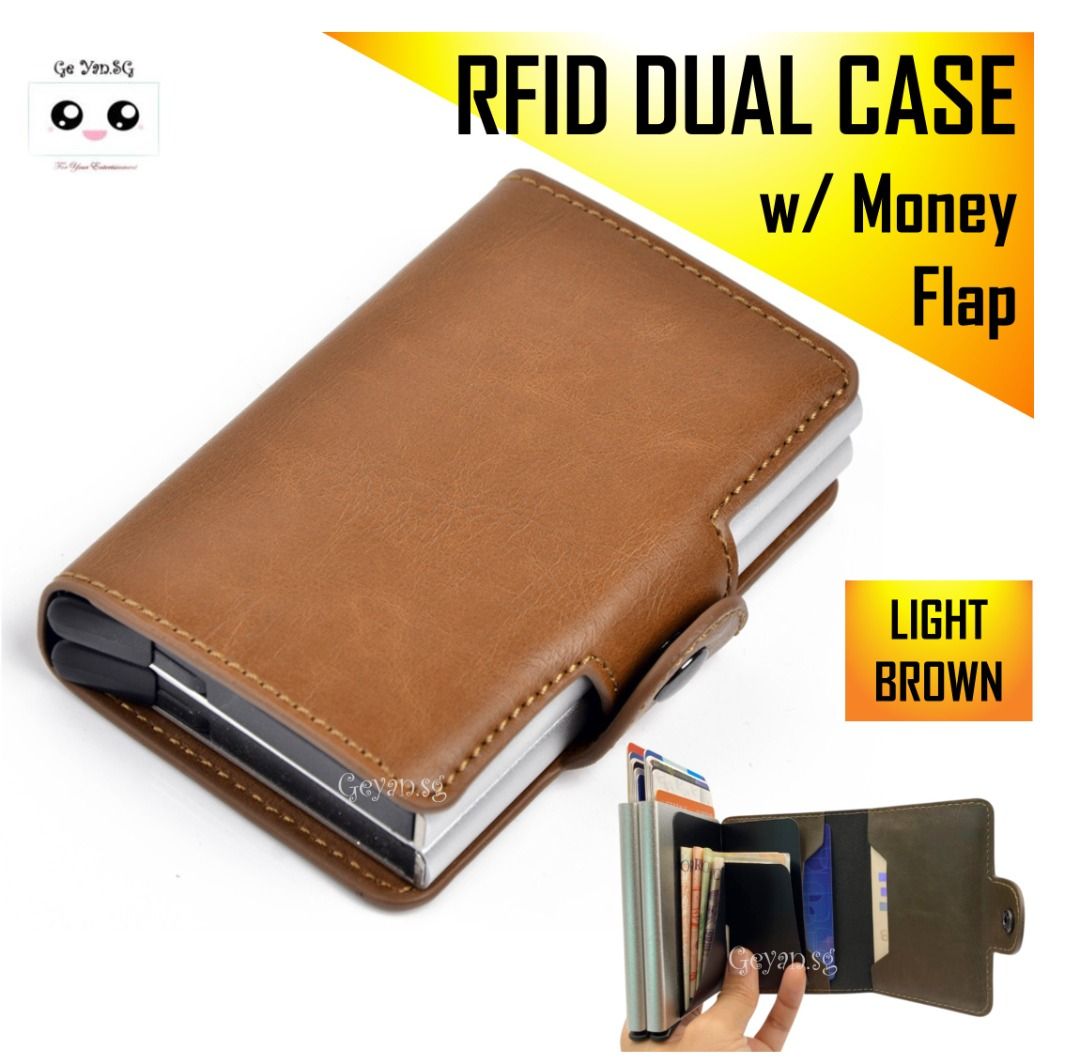 RFID Card Holder Leather Cardholder Wallet LIGHT BROWN Metal w Dual