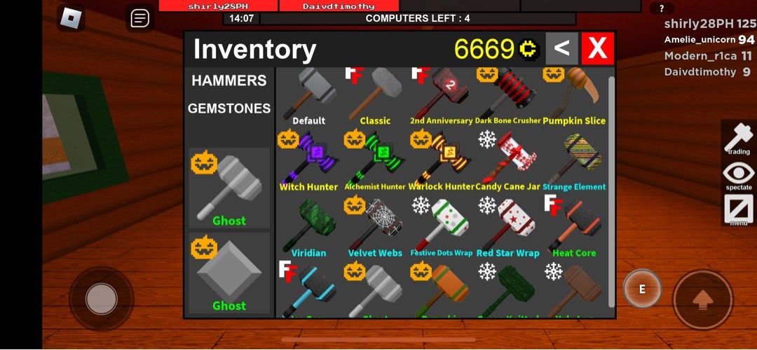 selling flee the facility hammers + gems for robux !! (name your
