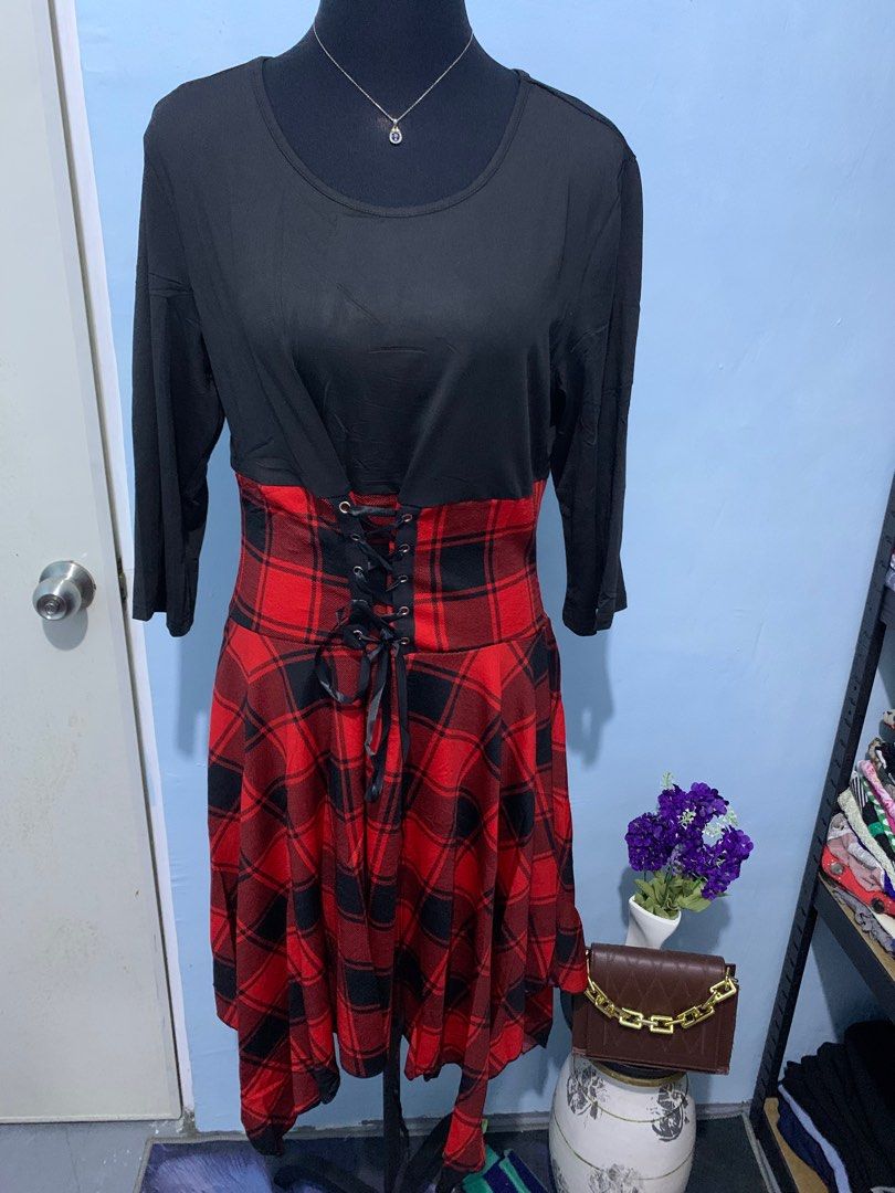 Lace up tartan asymmetrical dress clearance