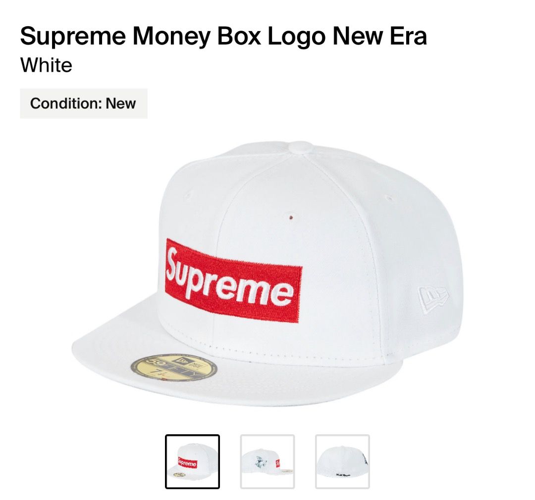 Supreme/New Era Money Box Logo White, Fesyen Pria, Aksesoris, Topi