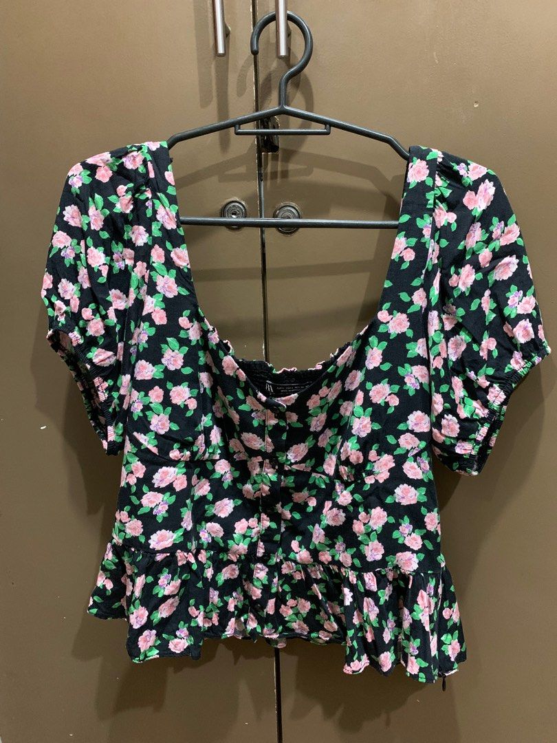 Zara Floral Puff Sleeve Peplum Top, Women's Fashion, Tops, Blouses on
