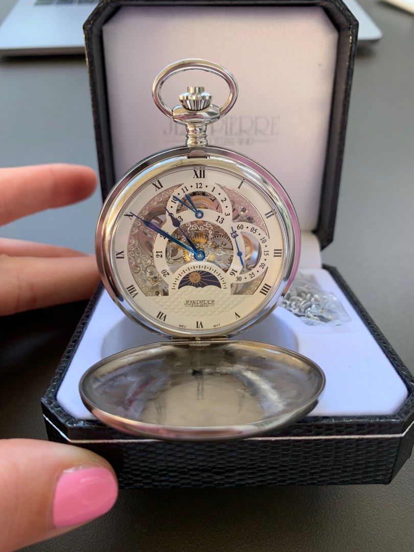 Jean pierre double shop hunter skeleton pocket watch