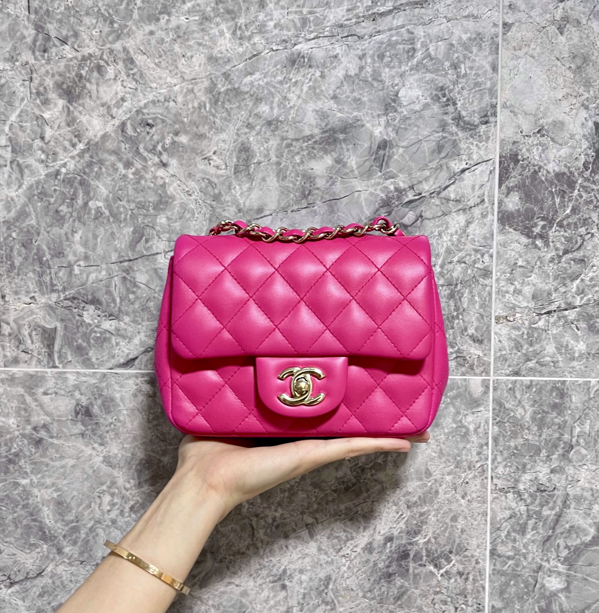 Chanel Mini Square Classic Flap Hot Pink GHW No 21, Luxury, Bags