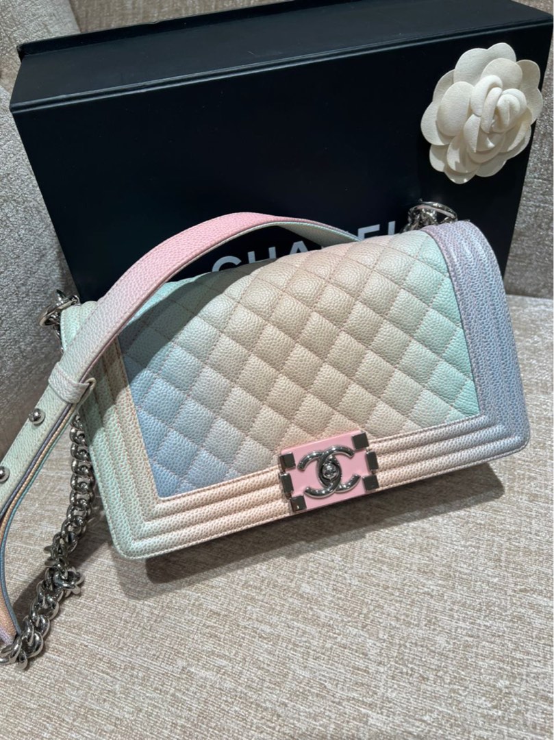 Authentic Chanel Pastel Rainbow Small Boy Bag Caviar Grained Leather