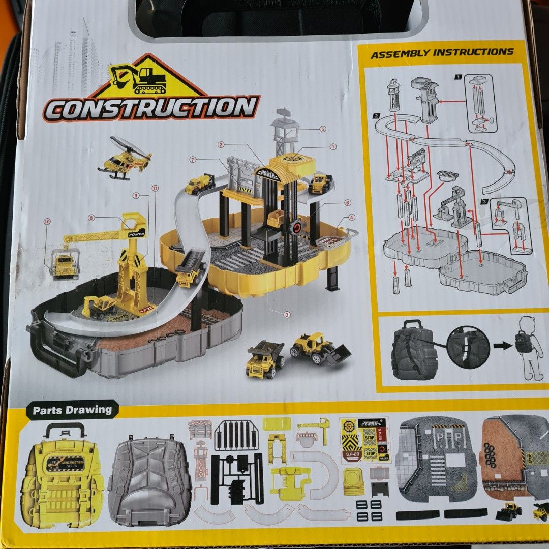 Construction series assembly fold and go backpack with trucks crane