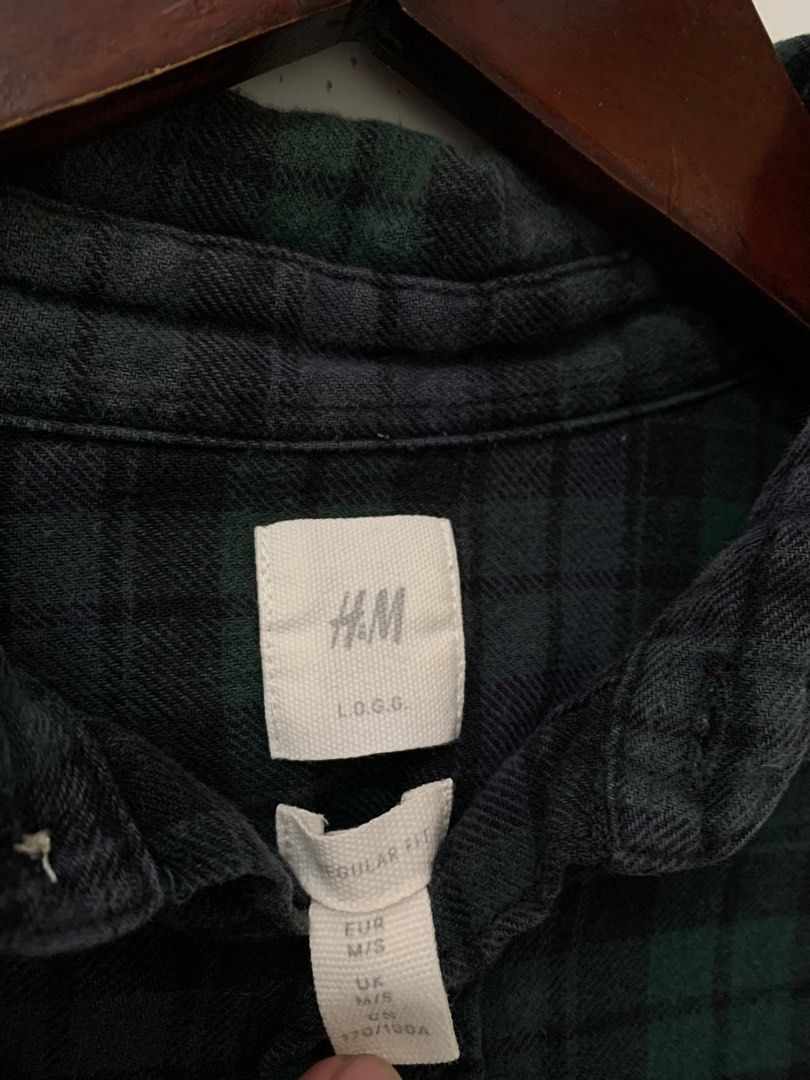 H&M Flannel Shirt Green Size M Regular Fit, Fesyen Pria, Pakaian