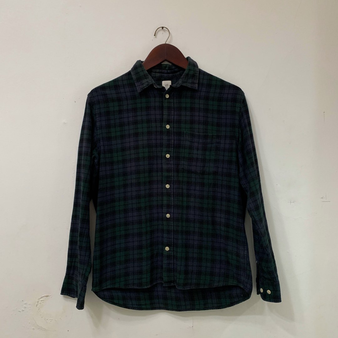 H&M Flannel Shirt Green Size M Regular Fit, Fesyen Pria, Pakaian
