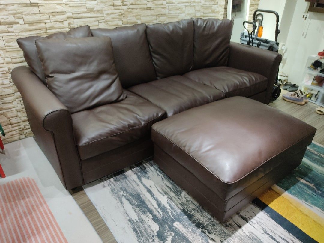 Ikea Leather Sofa 3 seater with ottoman, Furniture & Home Living