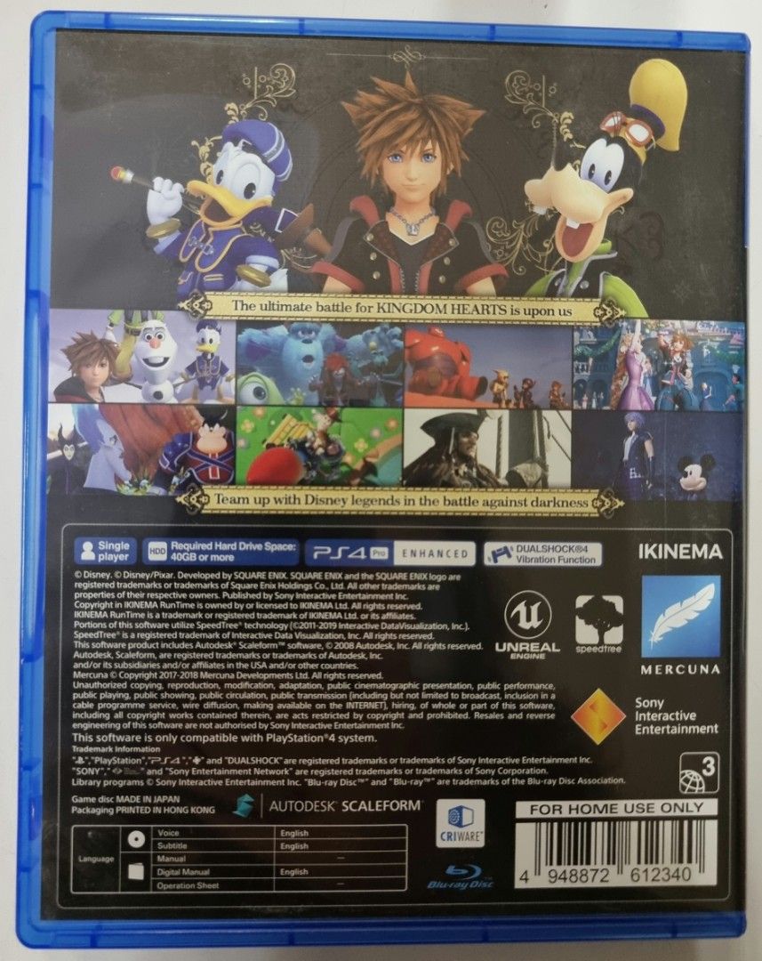 Kingdom Hearts III (for PS4) (Category: PlayStation) located in Quezon City. Submitted by nikki985 (Listing ID 1196147755, Image 2). Description: Game Description: KINGDOM HEARTS III tells the story of the power of friendship as Sora and his friends embark on a perilous adventure. Set in a vast array of Disney and Pixar worlds, KINGDOM HEARTS follows the journey of Sora, a young boy and unknowing heir to a spectacular power. Sora is joined by Don
