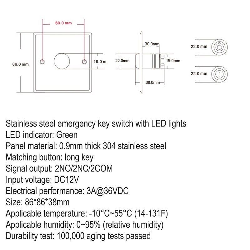 LED Keyswitch Door Release Stainless Steel Bypass Override Key Switch